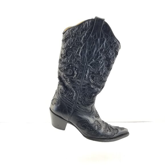 Corral Shoes - Corral Boots Womens  Black Goat Leather Sequin Inlay Snip Toe Western A1070 9.5